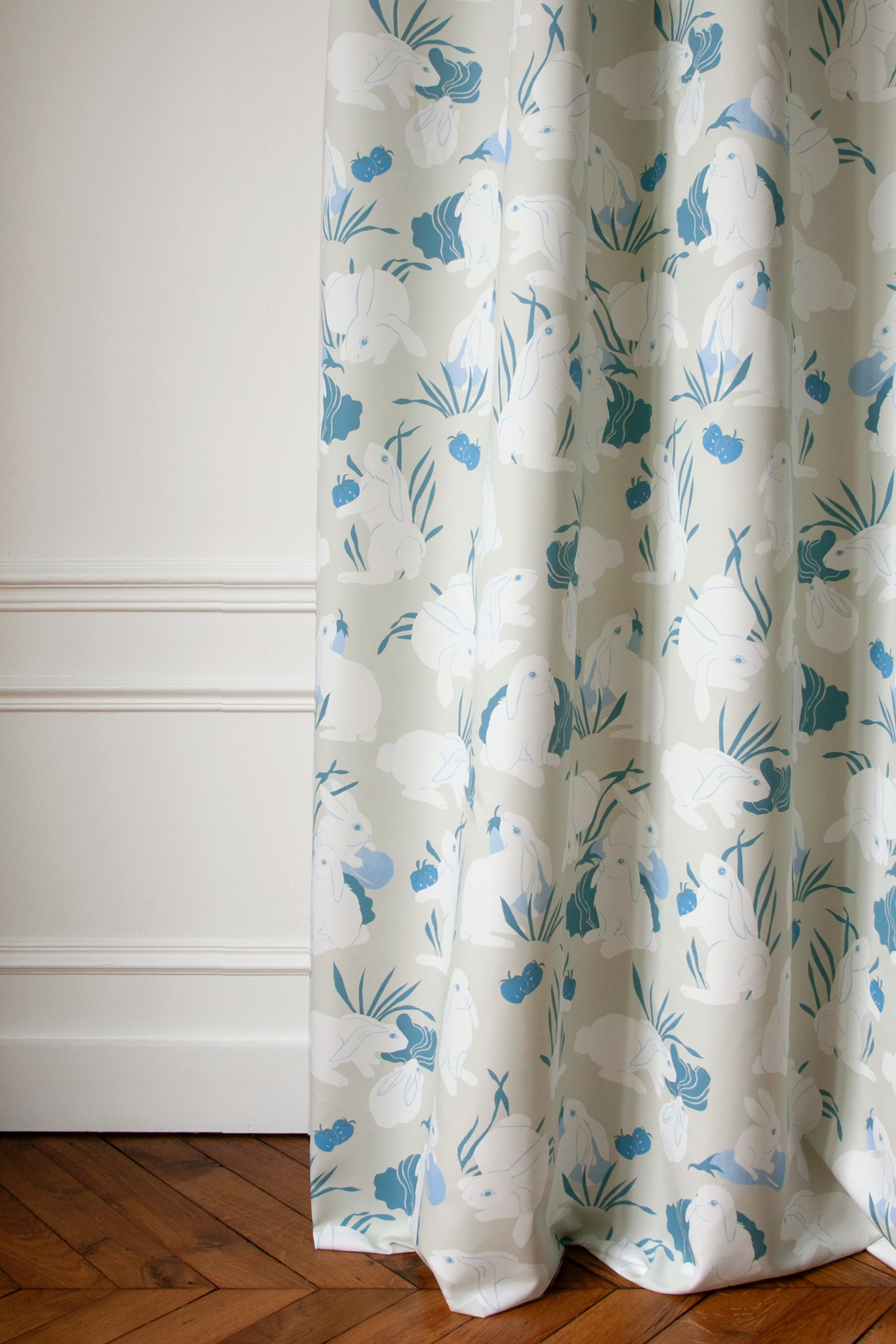 Little Cabari tissu d'ameublement rideau animal couleur blanc bleu beige
