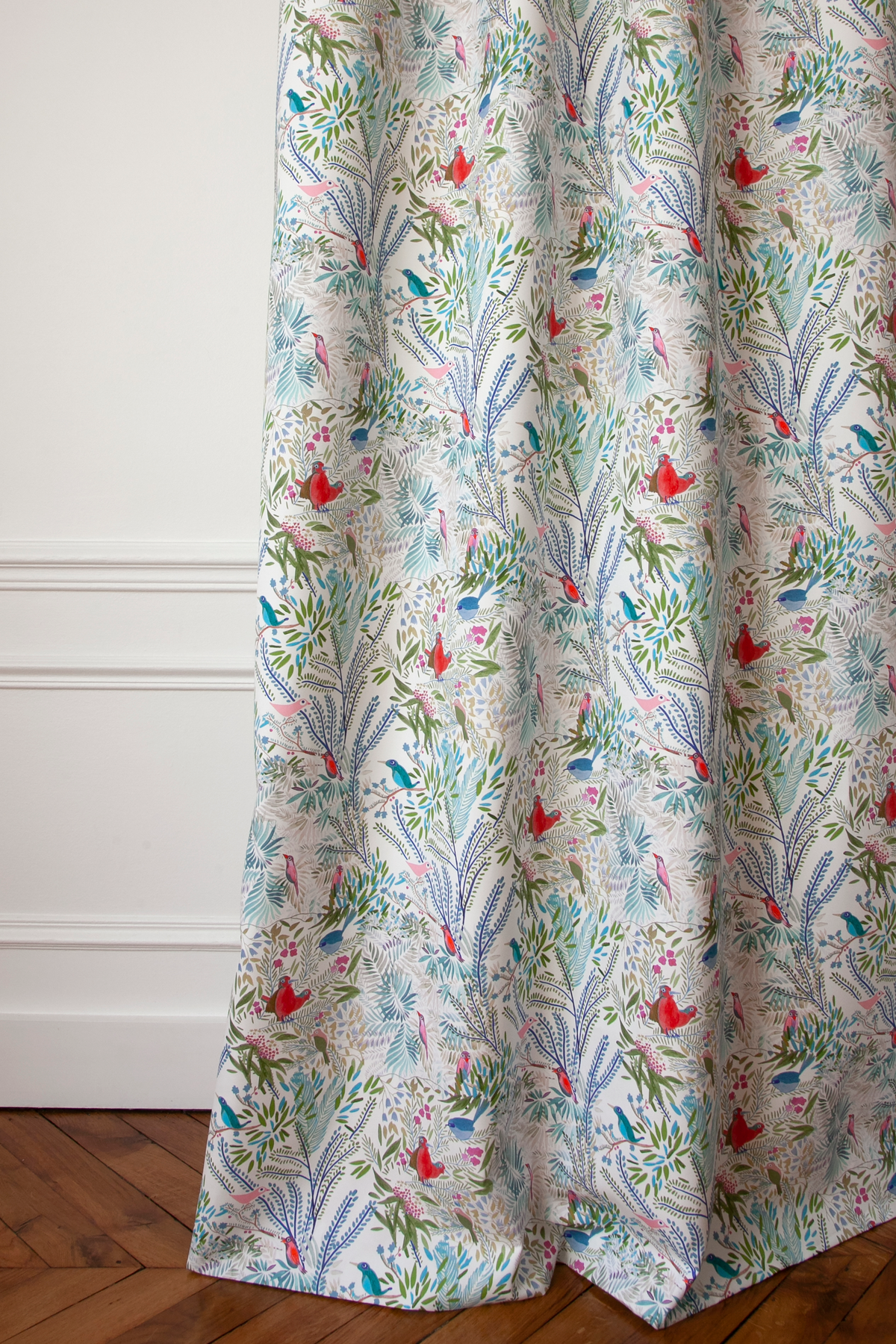 Little Cabari tissu d'ameublement rideau oiseau feuille couleur blanc rouge vert