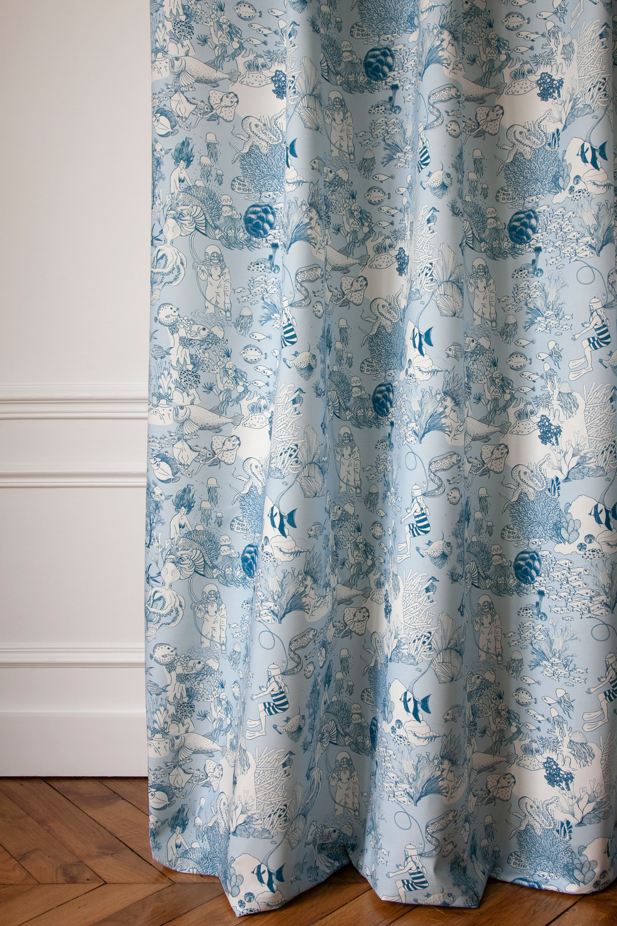 Little Cabari tissu ameublement rideau toile de jouy mer couleur bleu