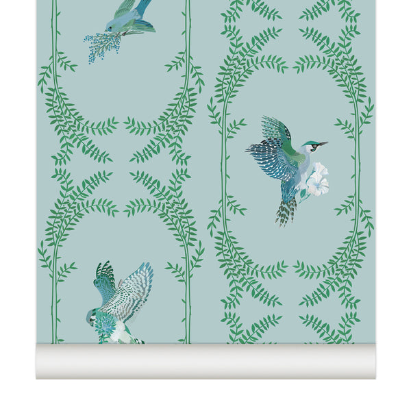 little cabari papier peint envolée arbre collection nouvelle oiseaux peint a la mains vert bleu