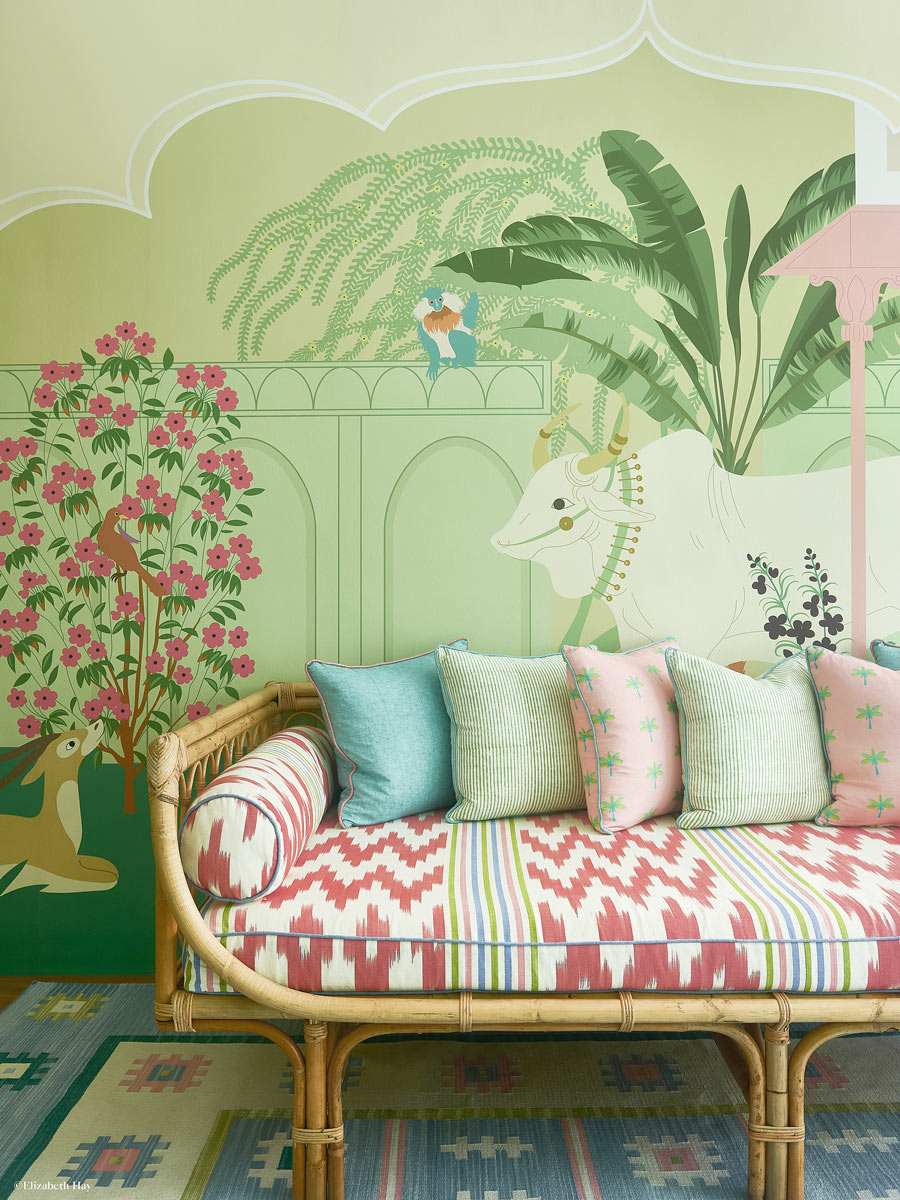little cabari papier peint panoramique animal plante couleur vert beige rose