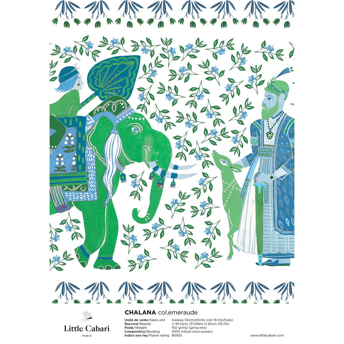 little cabari échantillon papier peint animal fleur couleur vert bleu 