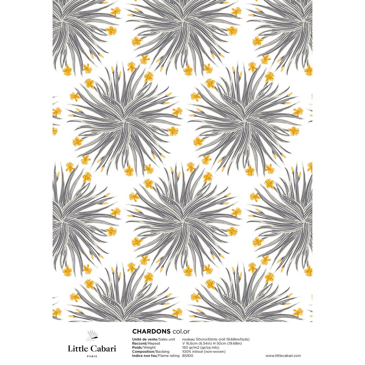 little cabari échantillon papier peint fleur couleur gris jaune 