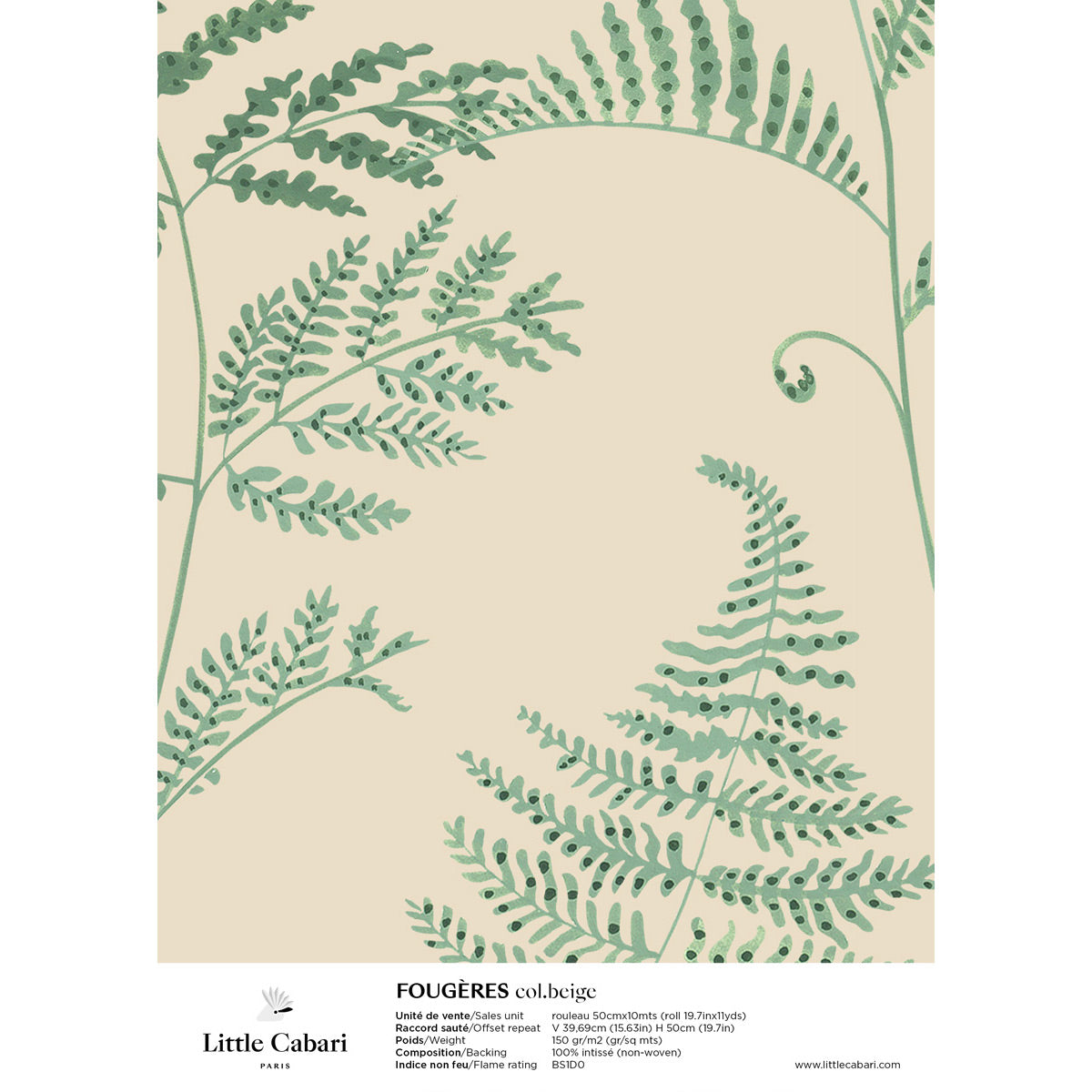 papier peint little cabari fougere beige