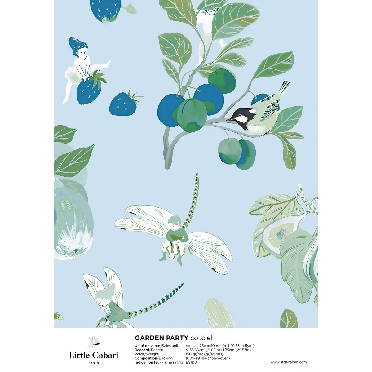 papier peint little cabari garden party bleu ciel
