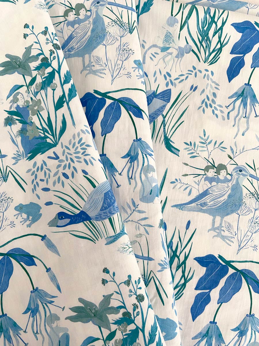 little cabari coupon de tissu plante oiseaux couleur bleu