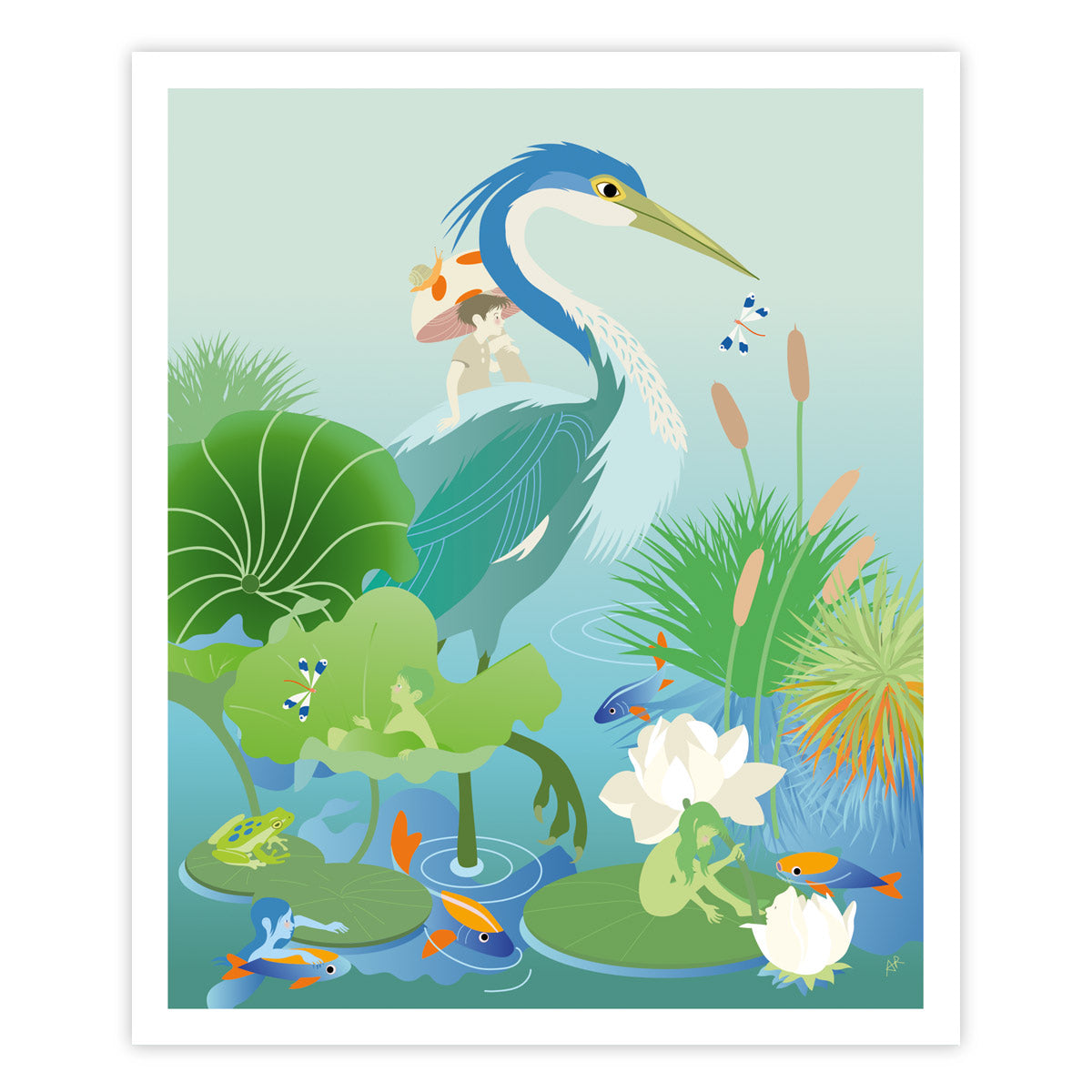 little cabari affiche végétale oiseau couleur bleu vert 