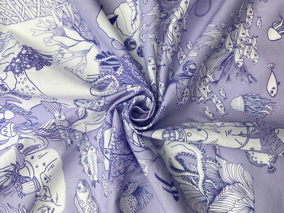 little cabari coupon de tissu mer poissons couleur bleu violet