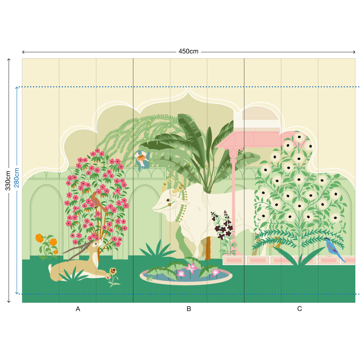 little cabari papier peint panoramique animal plante couleur vert beige rose