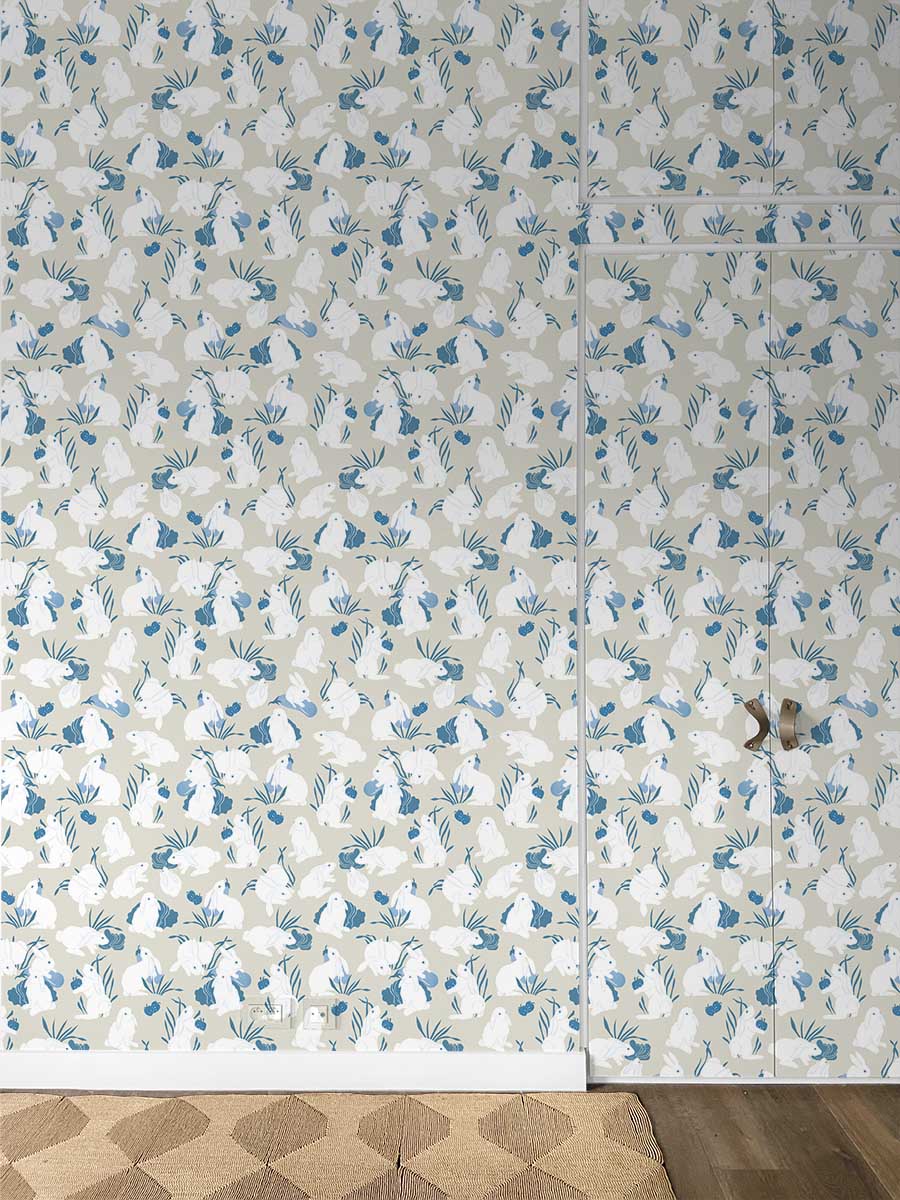 little cabari papier peint lapin animal couleur bleu gris