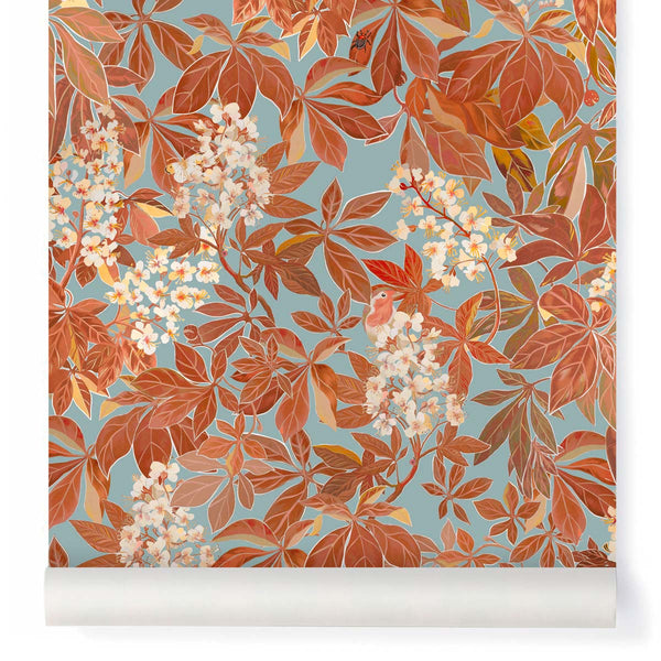 little cabari papier peint les marronniers couleur coloris terracotta paris arbres oiseaux fleurs