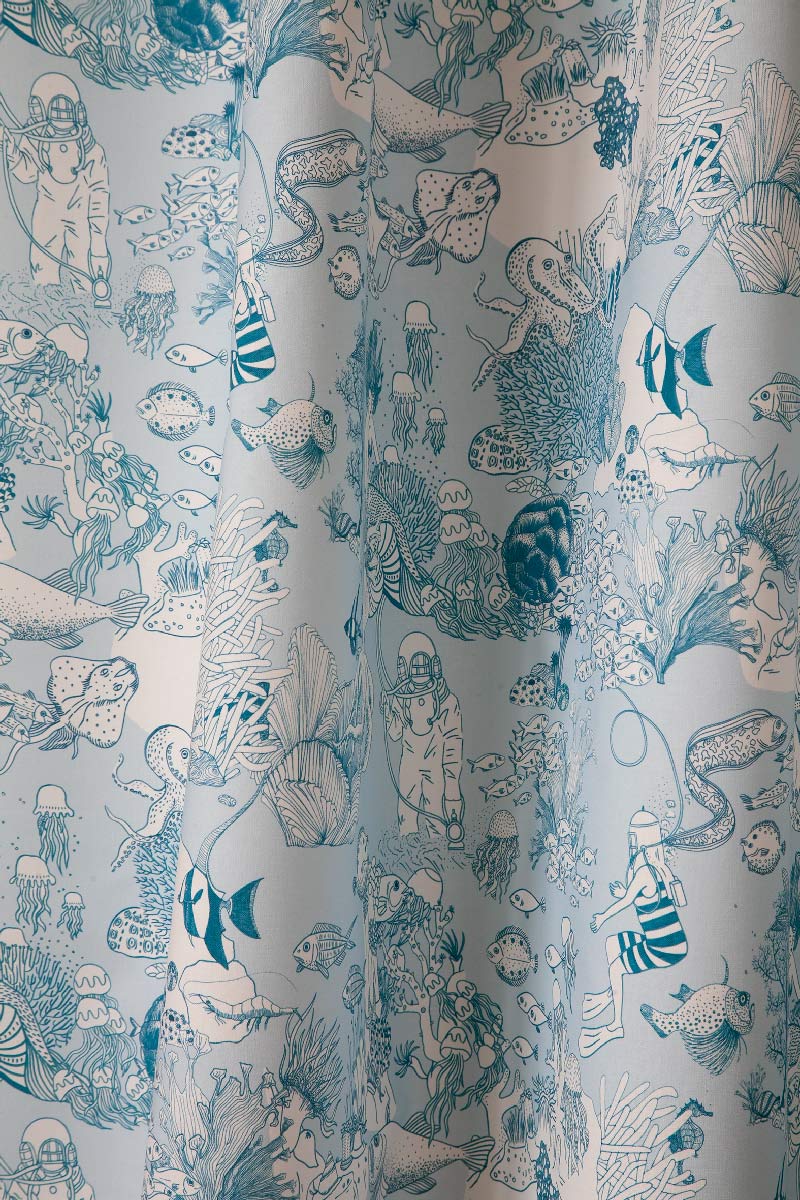 toile de mer poisson pieuvre scaphandre raie tortue tissu coton rideau ameublement toile de mer little cabari bleu