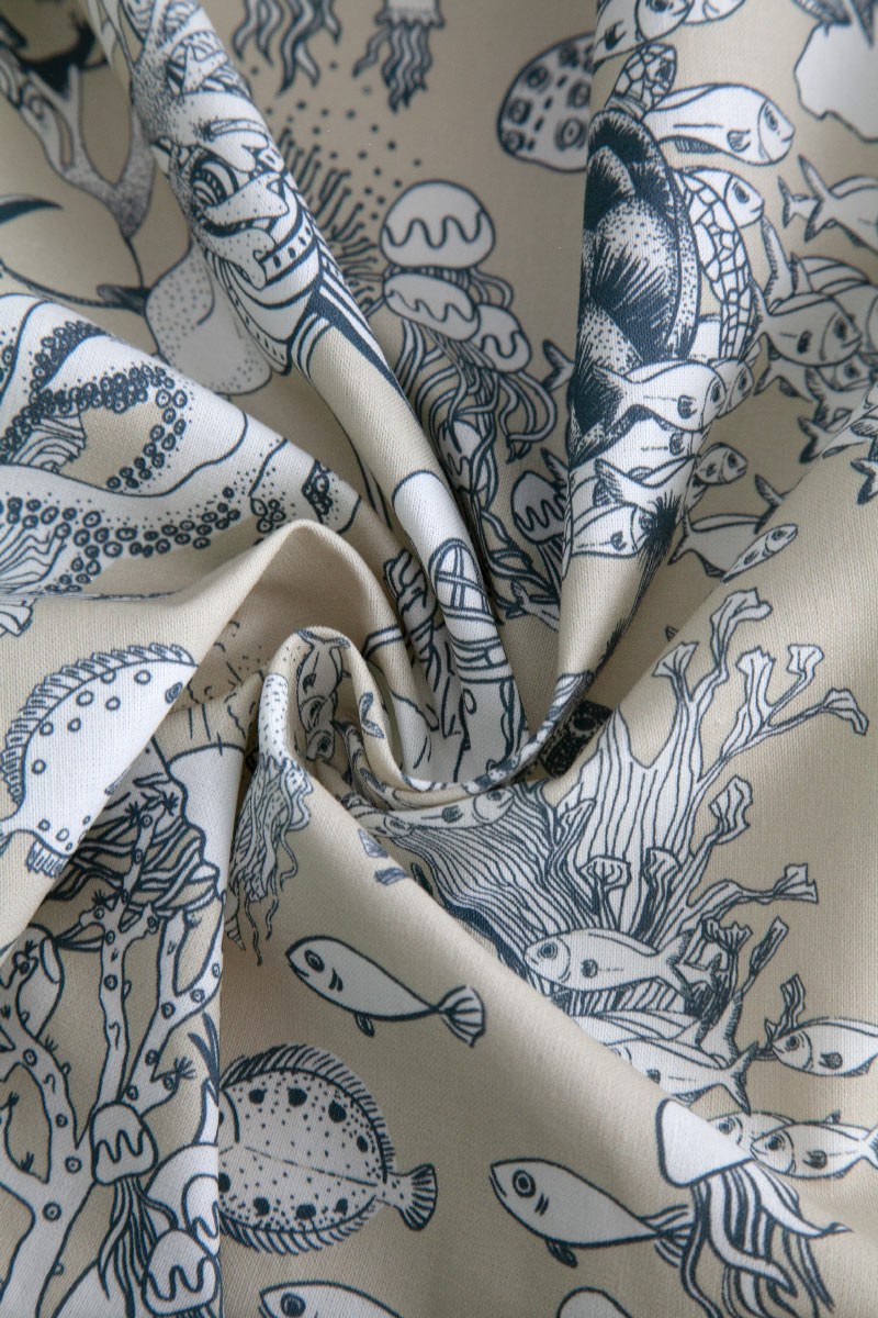 Little Cabari tissu ameublement rideau toile de jouy mer couleur beige bleu