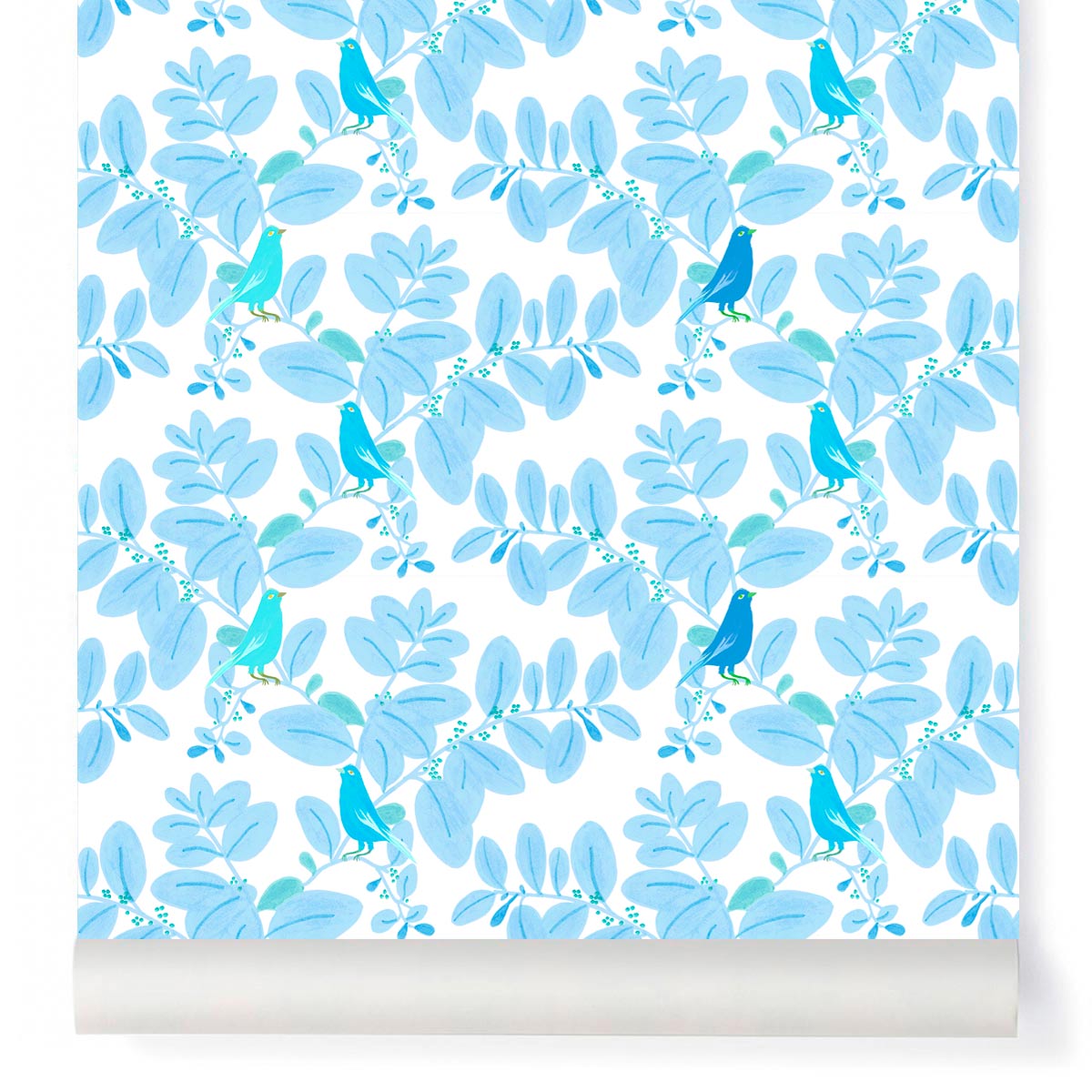 little cabari papier peint plante oiseau couleur bleu 