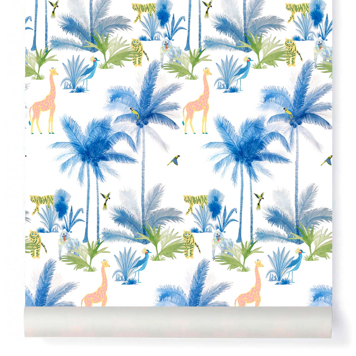 little cabari papier peint palmier animal couleur bleu 