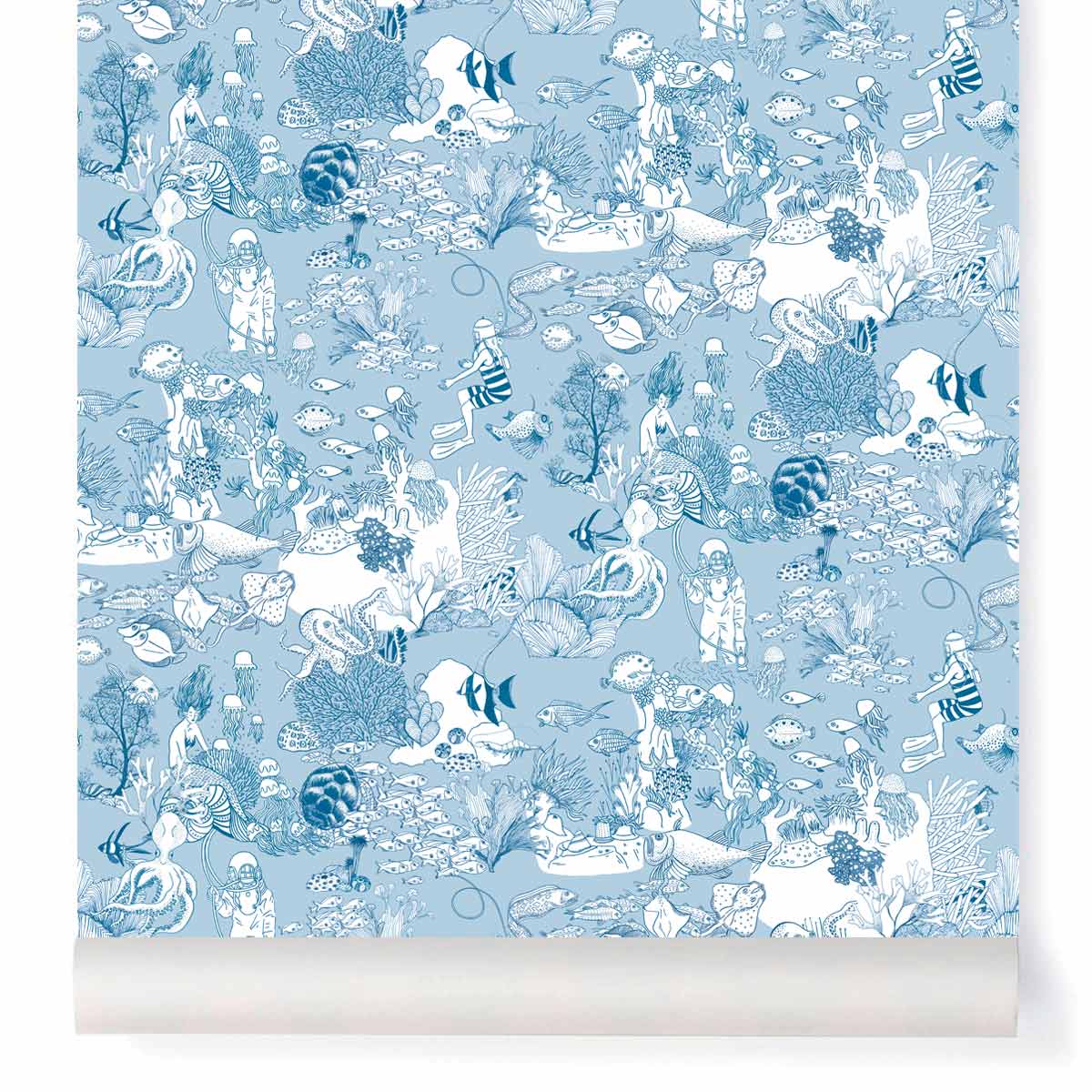 little cabari papier peint mer poisson couleur bleu 